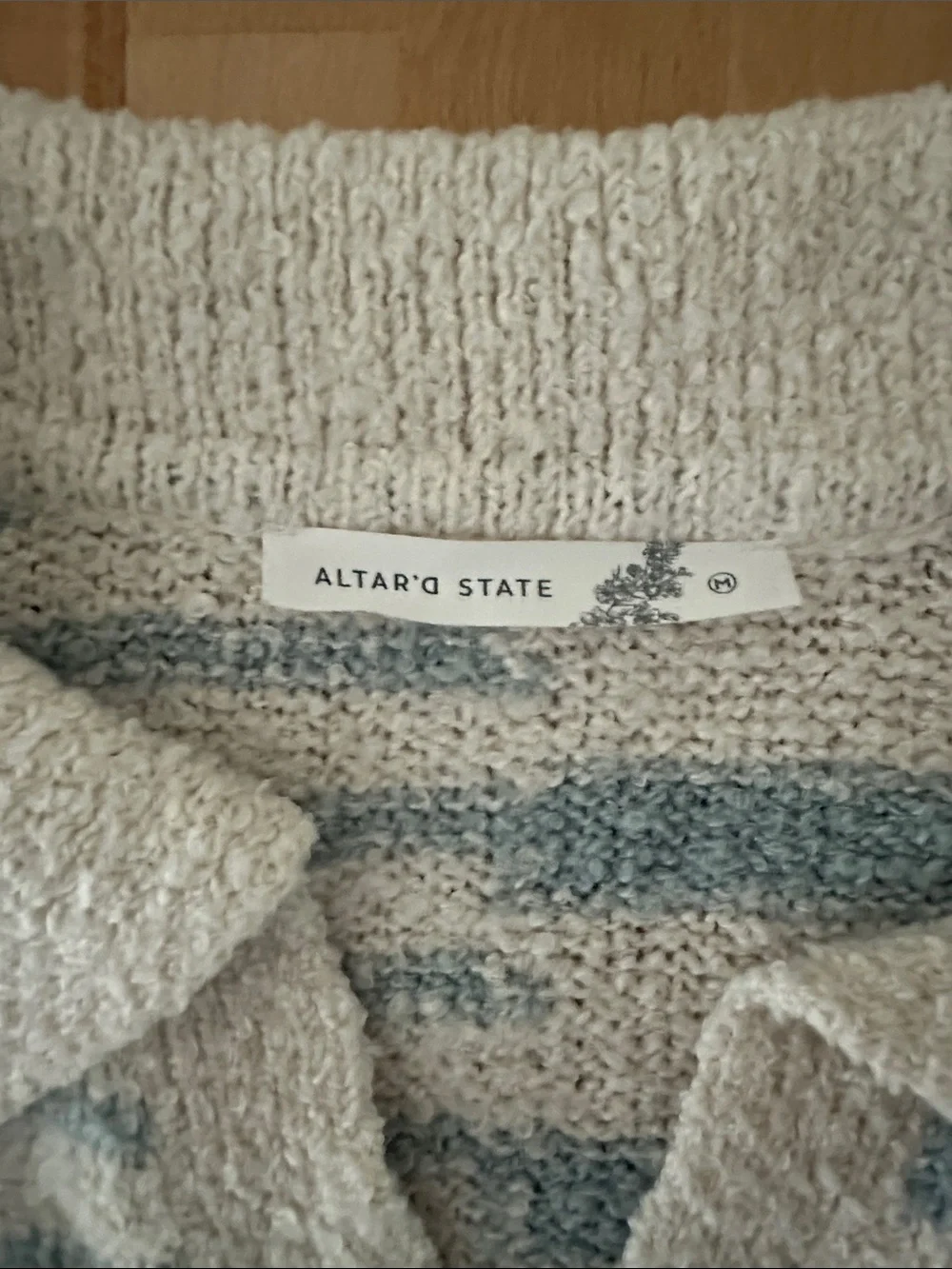 Altar'd State Cream & Light Blue Striped V-Notch Polo Sweater